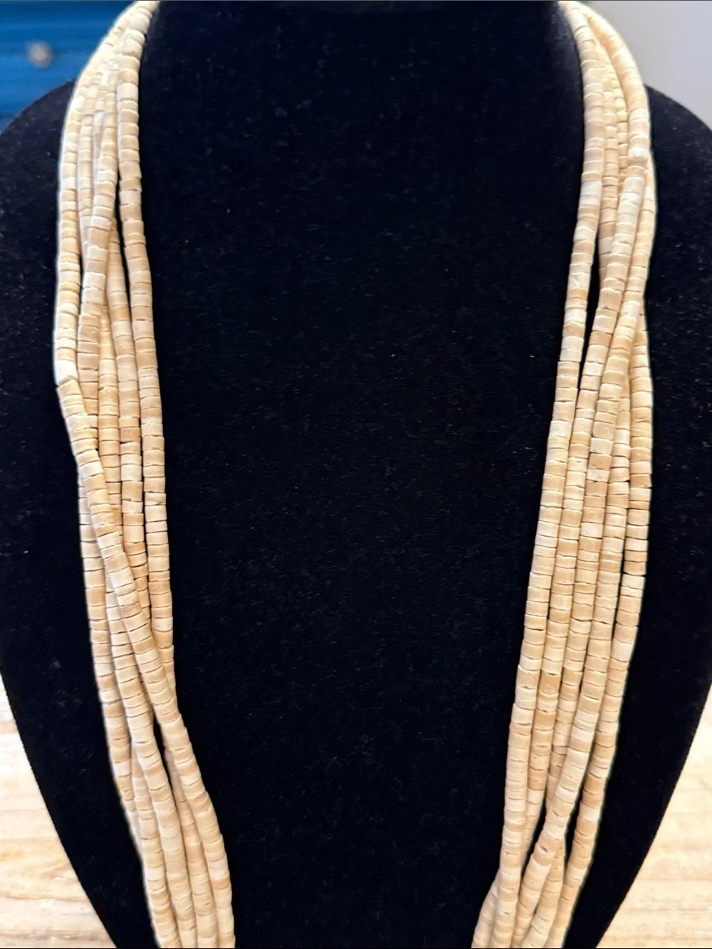 Vintage Boho Tan Beige Beaded Multi Layered Long Statement Necklace